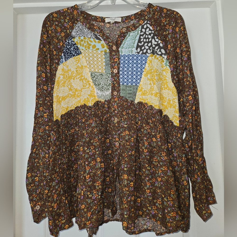 Easel Multicolor Patchwork Floral Blouse - image 1